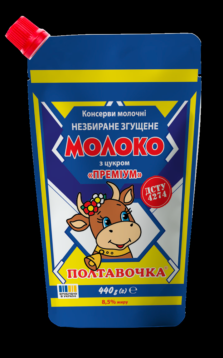 Молоко незбиране згущене з цукром ТМ "Полтавочка" Преміум 8,5% 440г/20 дой-пак